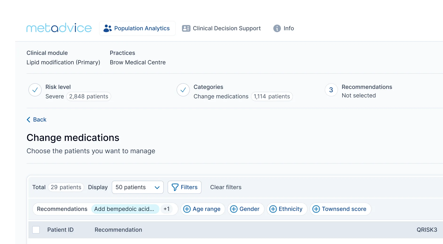 Metadvice clinical interface