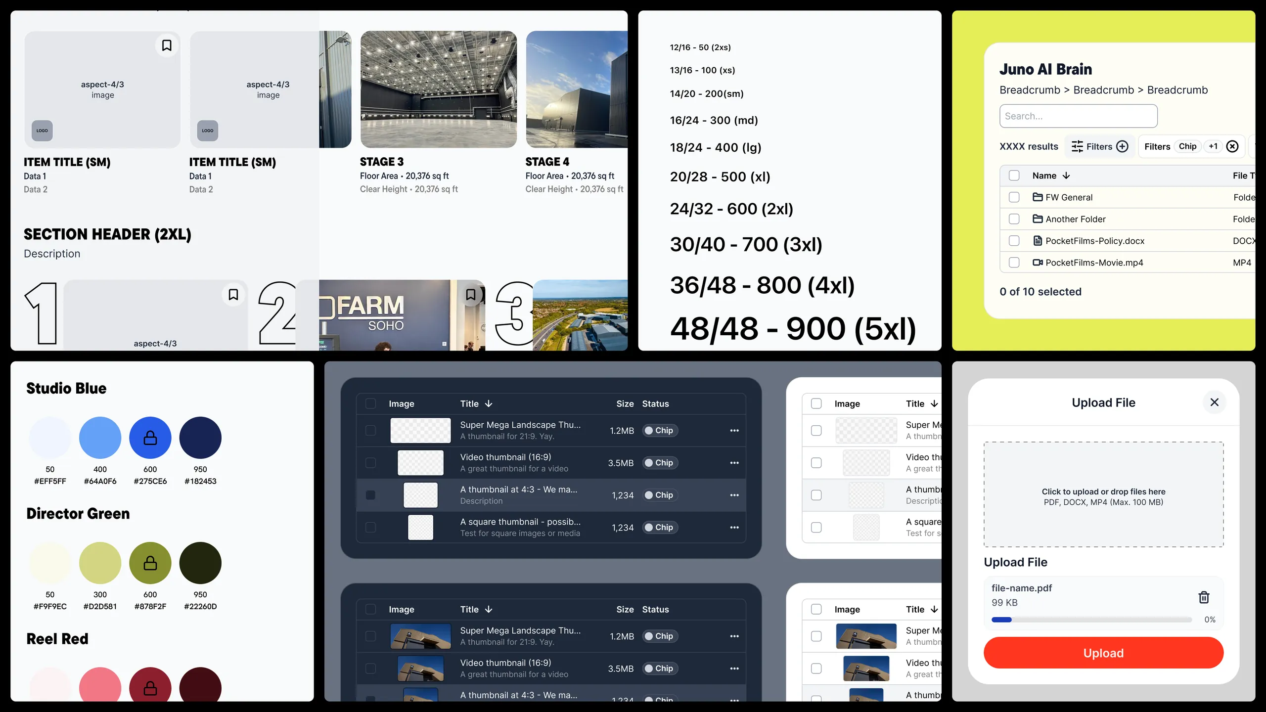 Pocket Films design system: component library, type and sizing scale, and the Studio Blue, Director Green, and Reel Red brand themes